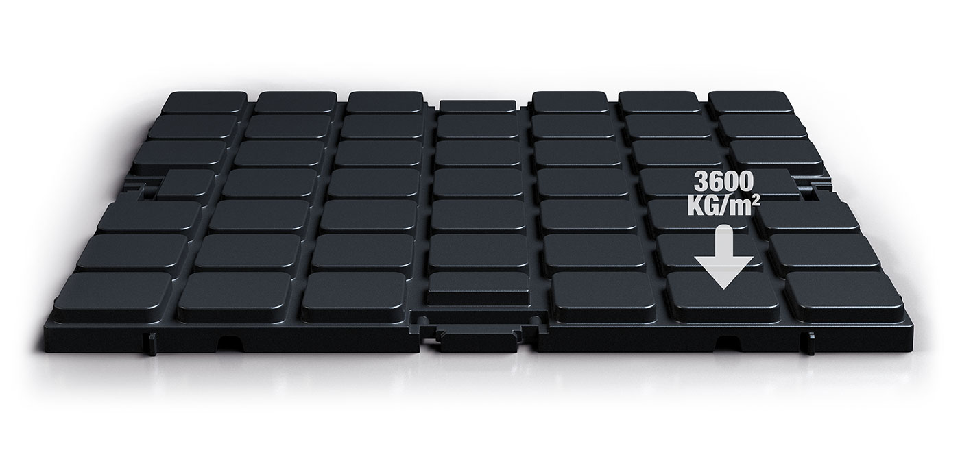 Eine Stand-On-Fliese kann bis zu 3600 kg/m² tragen. Der Stand-On Expo-Boden kann bis zu 3600 kg/m² tragen.